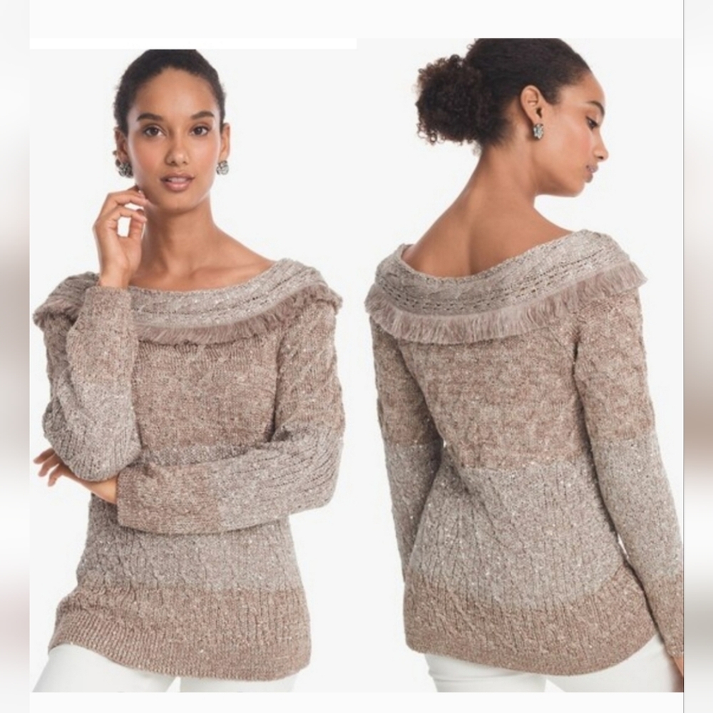 White House Black Market Fringe Sequin Metallic Colorblock Sweater Size M - Picture 7 of 8